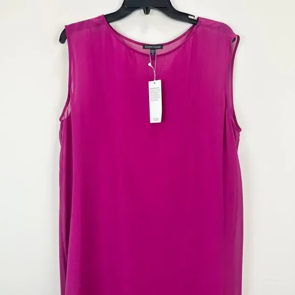 Eileen Fisher Sheer Silk Georgette Boat Neck Sleeveless Midi Dress Sangria L NWT Midi